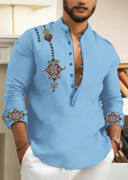 Pink Button Print Cotton Oversized Men Shirts Stand Collar Fall