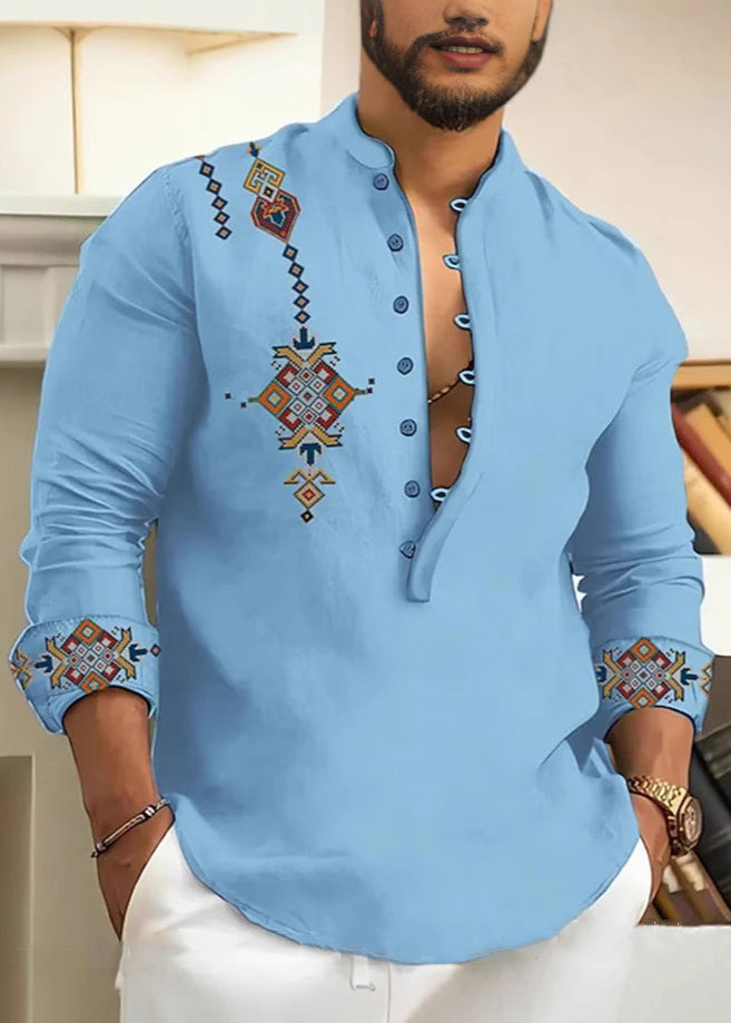 Pink Button Print Cotton Oversized Men Shirts Stand Collar Fall