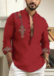 Pink Button Print Cotton Oversized Men Shirts Stand Collar Fall