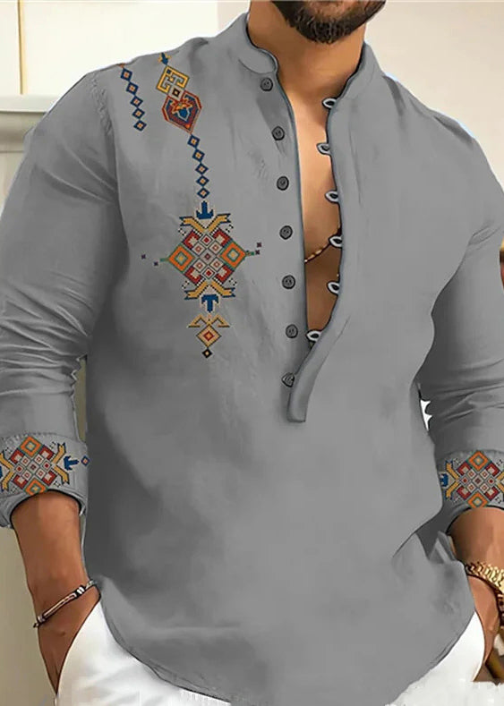 Pink Button Print Cotton Oversized Men Shirts Stand Collar Fall
