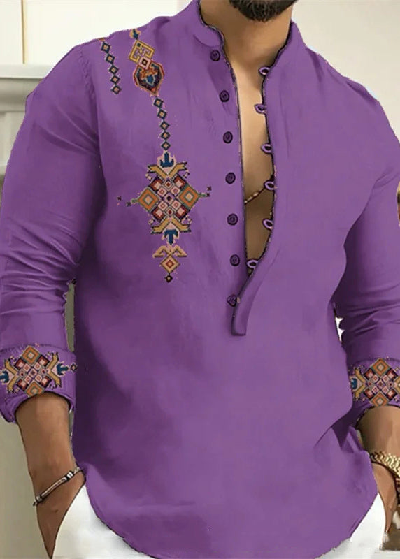 Pink Button Print Cotton Oversized Men Shirts Stand Collar Fall