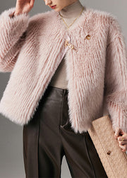 Pink Button Solid Leather And Fur Winter Coat O Neck