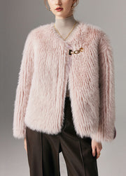 Pink Button Solid Leather And Fur Winter Coat O Neck