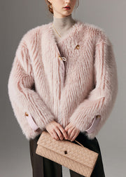 Pink Button Solid Leather And Fur Winter Coat O Neck
