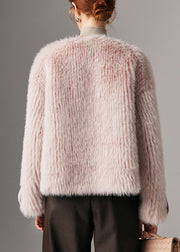 Pink Button Solid Leather And Fur Winter Coat O Neck