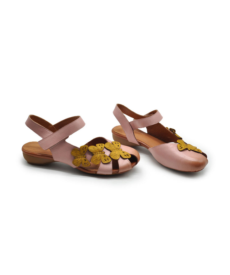 Pink Cowhide Leather Hollow Out Butterfly Splicing Walking Sandals