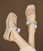 Pink Cowhide Leather Splicing Tulle Wedge Heels Slide Sandals