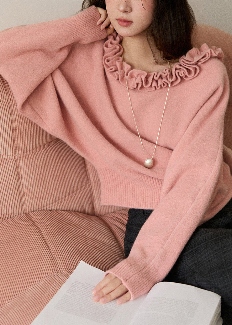 Pink Cozy Knit Sweater Ruffled Batwing Sleeve