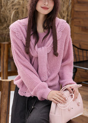 Pink Cozy Solid Cotton Knit Sweaters And Shawl Two Piece Set Fall