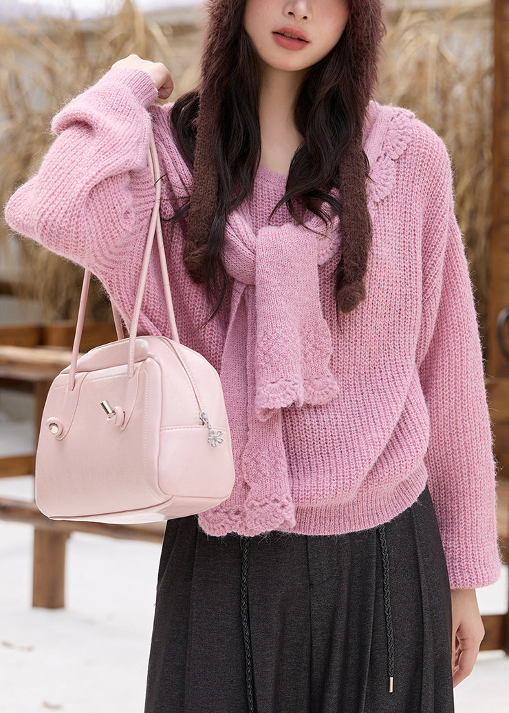 Pink Cozy Solid Cotton Knit Sweaters And Shawl Two Piece Set Fall