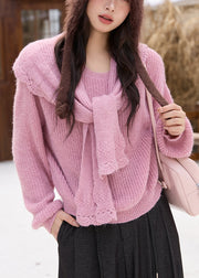 Pink Cozy Solid Cotton Knit Sweaters And Shawl Two Piece Set Fall