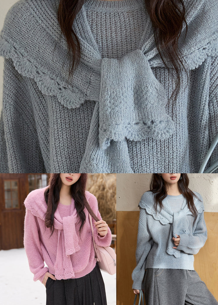 Pink Cozy Solid Cotton Knit Sweaters And Shawl Two Piece Set Fall