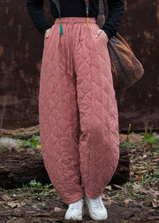 Pink Elastic Waist Thick Cotton Filled Winter Pants Plaid