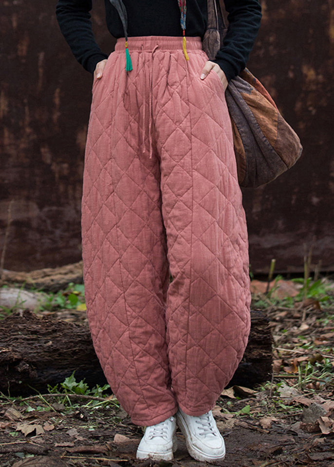 Pink Elastic Waist Thick Cotton Filled Winter Pants Plaid