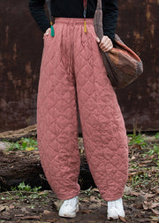 Pink Elastic Waist Thick Cotton Filled Winter Pants Plaid