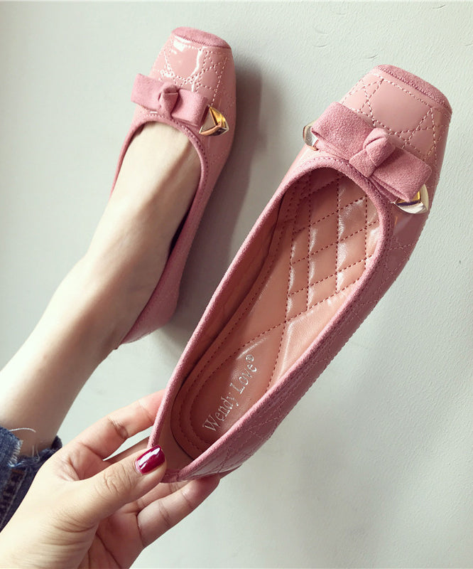 Pink Flats Faux Leather Women Splicing Bow Square Toe