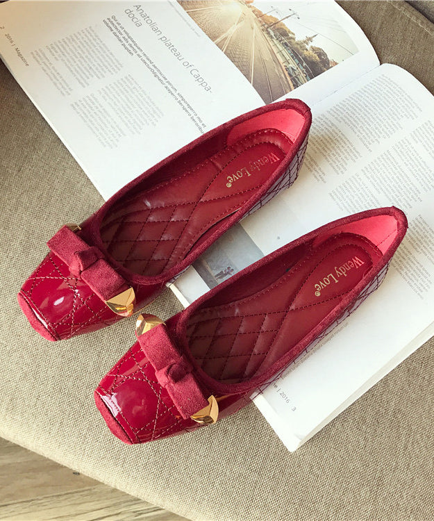 Pink Flats Faux Leather Women Splicing Bow Square Toe
