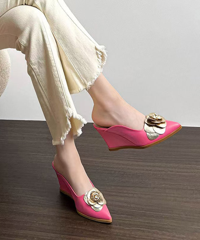 Pink Floral Wedge Heels Slide Sandals Fashion Pointed Toe