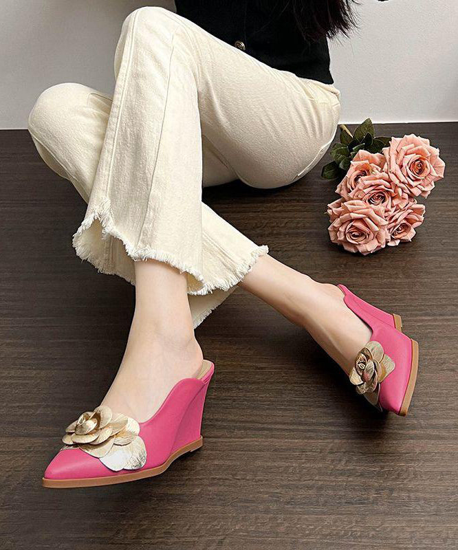 Pink Floral Wedge Heels Slide Sandals Fashion Pointed Toe