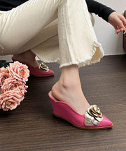 Pink Floral Wedge Heels Slide Sandals Fashion Pointed Toe