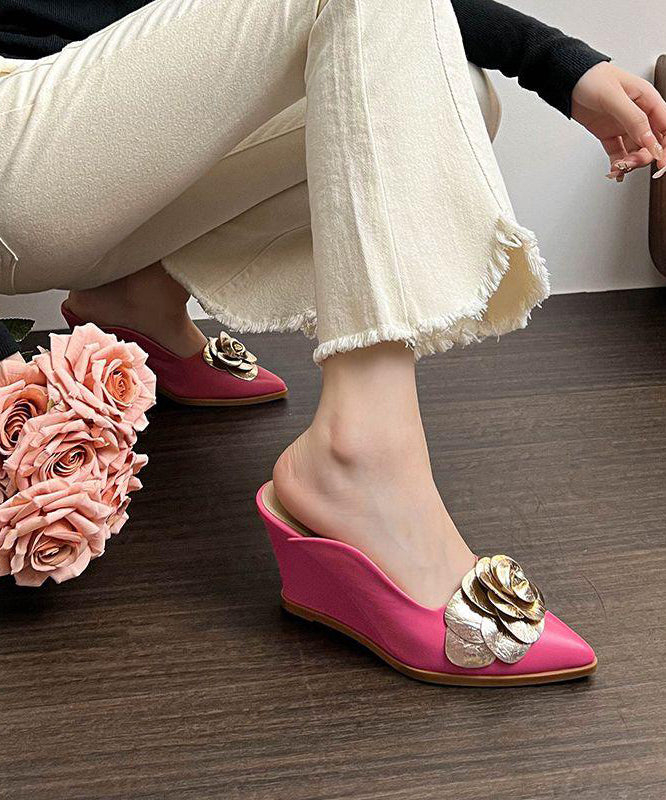 Pink Floral Wedge Heels Slide Sandals Fashion Pointed Toe
