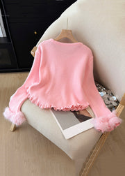 Pink Fluffy Floral Patchwork Knit Winter Sweater O Neck