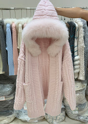 Pink Fox Collar Pockets Patchwork Cable Knit Cardigan Hooded