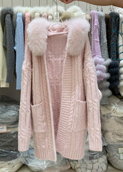 Pink Fox Collar Pockets Patchwork Cable Knit Cardigan Hooded