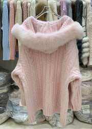 Pink Fox Collar Pockets Patchwork Cable Knit Cardigan Hooded