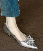 Pink High Heel Pointed Toe Sheepskin Unique Splicing Floral