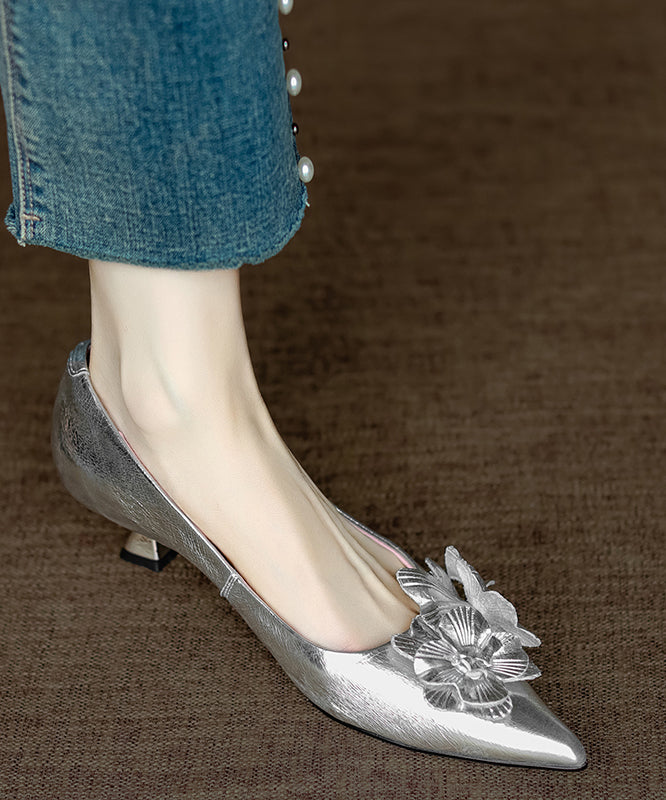 Pink High Heel Pointed Toe Sheepskin Unique Splicing Floral