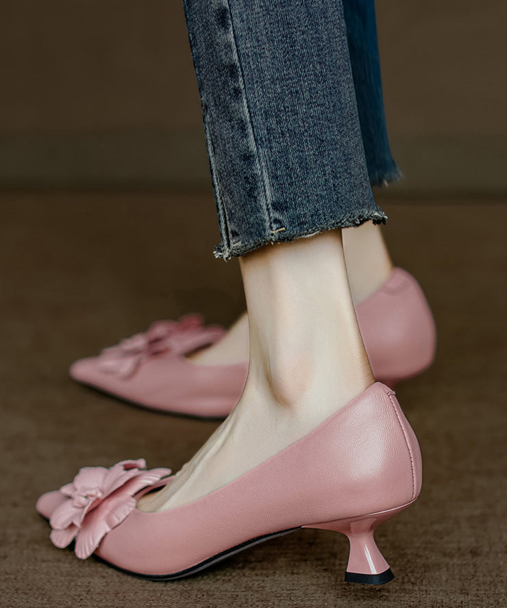 Pink High Heel Pointed Toe Sheepskin Unique Splicing Floral
