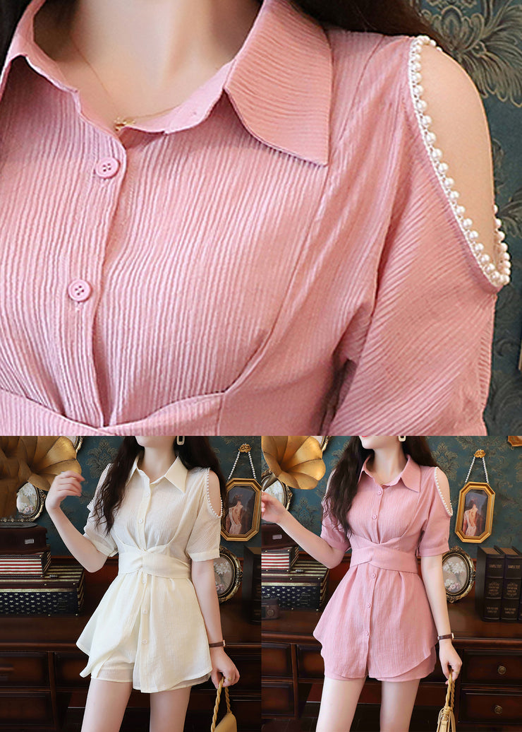 Pink Hollow Out Cotton Summer Two Pieces Set Peter Pan Collar