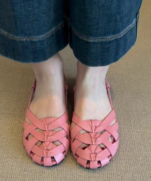 Pink Hollow Out Walking Sandals Faux Leather Soft Splicing
