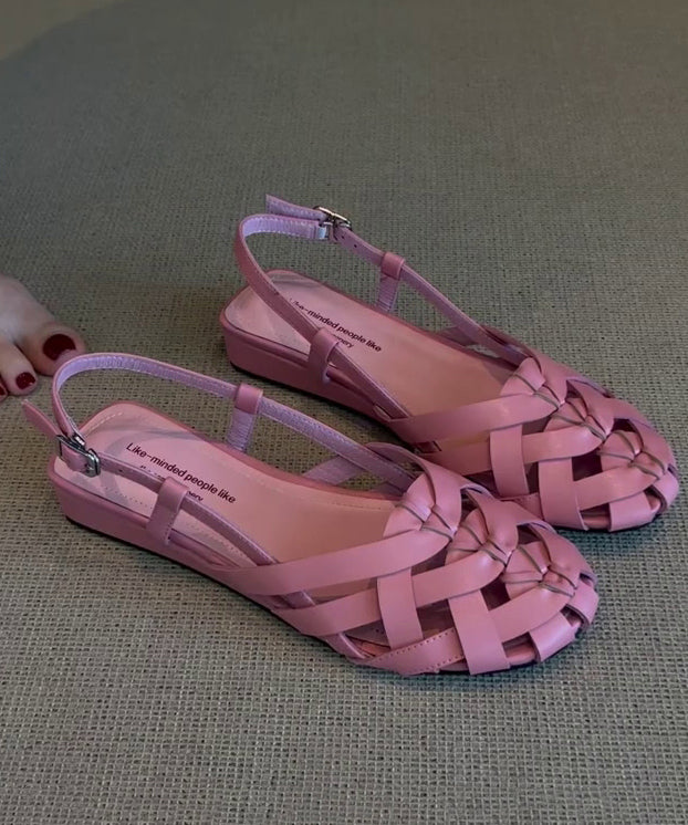Pink Hollow Out Walking Sandals Faux Leather Soft Splicing