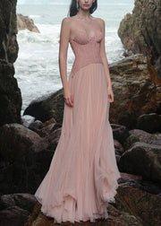 Pink Lace Patchwork Tulle Maxi Dresses Backless Summer