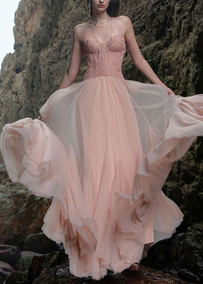 Pink Lace Patchwork Tulle Maxi Dresses Backless Summer