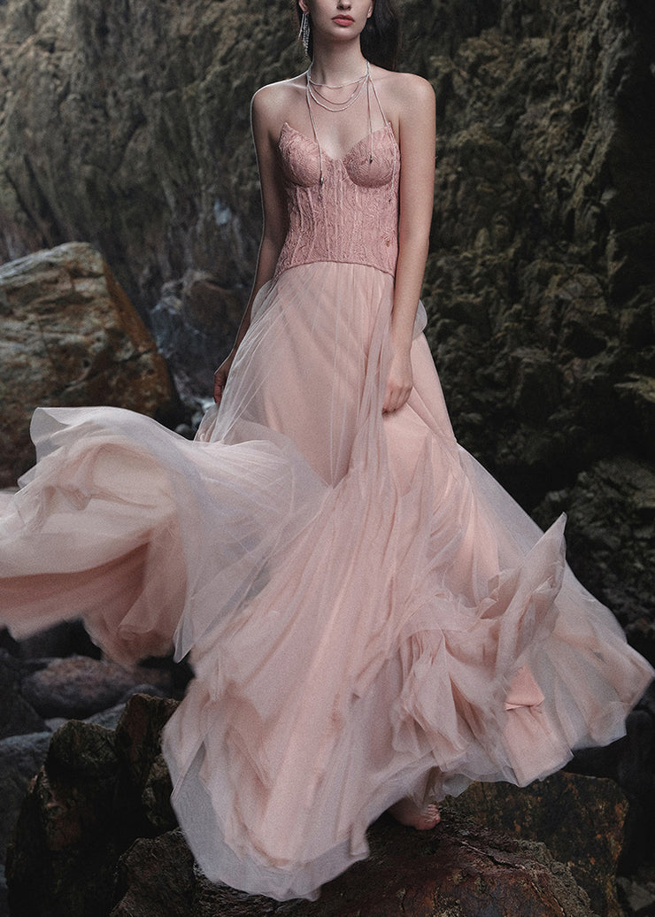 Pink Lace Patchwork Tulle Maxi Dresses Backless Summer