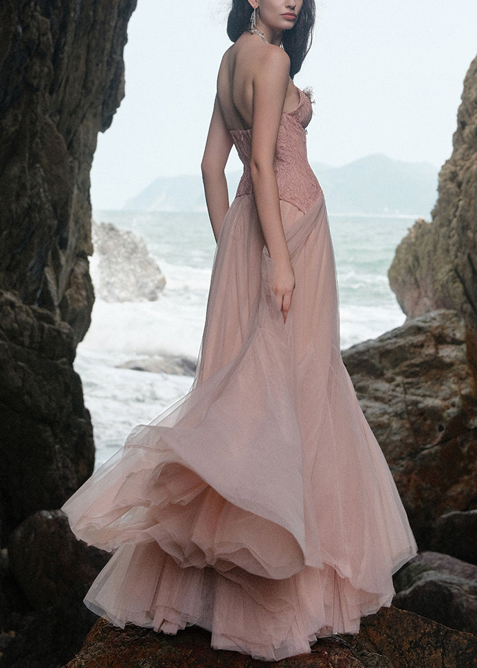 Pink Lace Patchwork Tulle Maxi Dresses Backless Summer