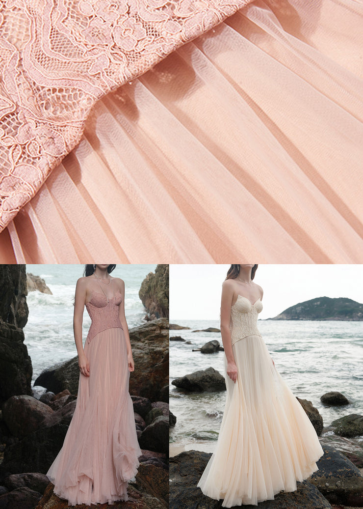 Pink Lace Patchwork Tulle Maxi Dresses Backless Summer