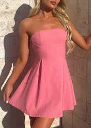 Pink Lace Up Cotton Sleeveless Mini Dress Cold Shoulder