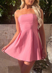 Pink Lace Up Cotton Sleeveless Mini Dress Cold Shoulder