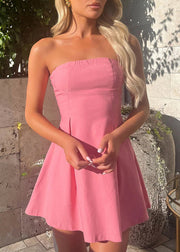 Pink Lace Up Cotton Sleeveless Mini Dress Cold Shoulder