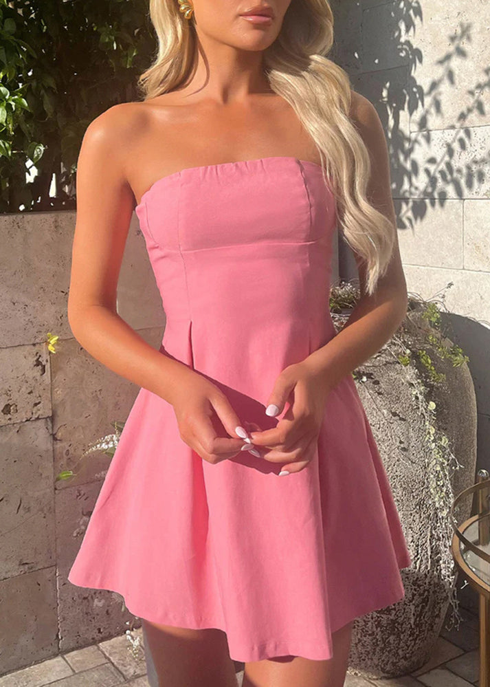 Pink Lace Up Cotton Sleeveless Mini Dress Cold Shoulder