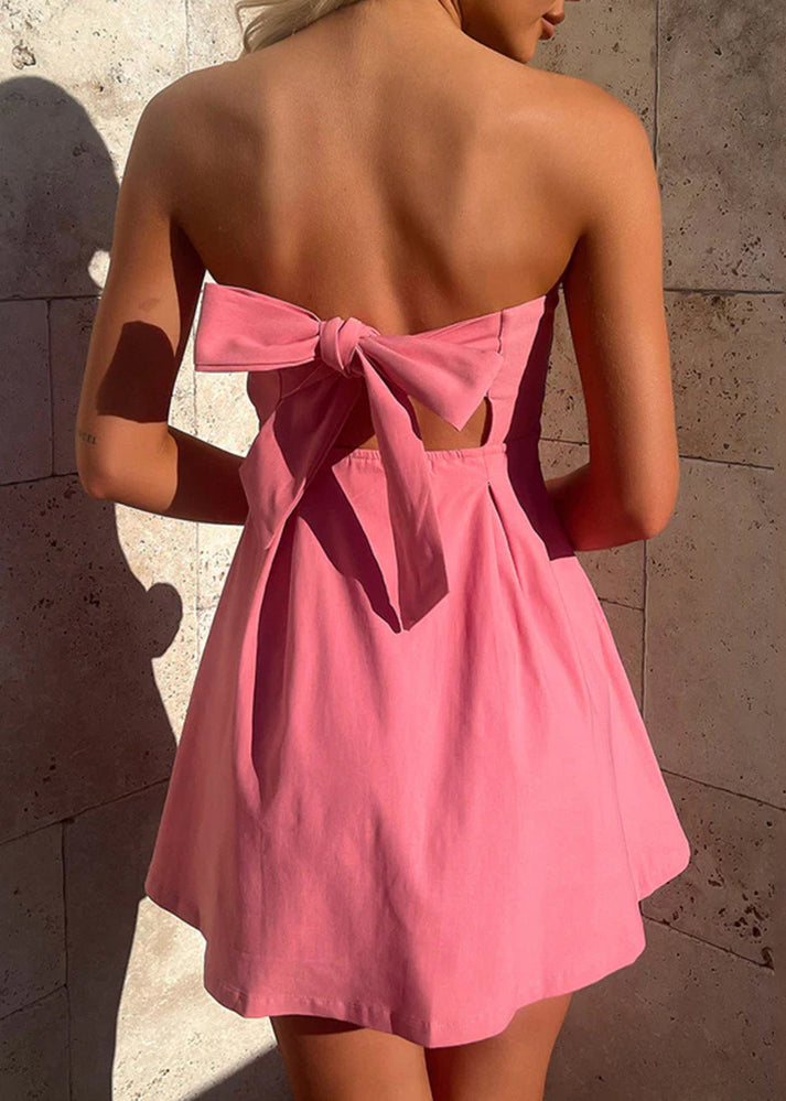 Pink Lace Up Cotton Sleeveless Mini Dress Cold Shoulder
