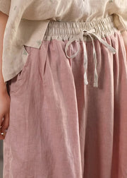 Pink Lace Up Patchwork Linen Summer Crop Pants Elastic Waist