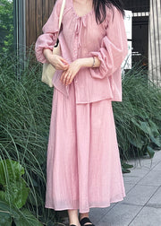 Pink Lace Up Shirt And Skirts Silk Fall Two Pieces Set Wrinkled