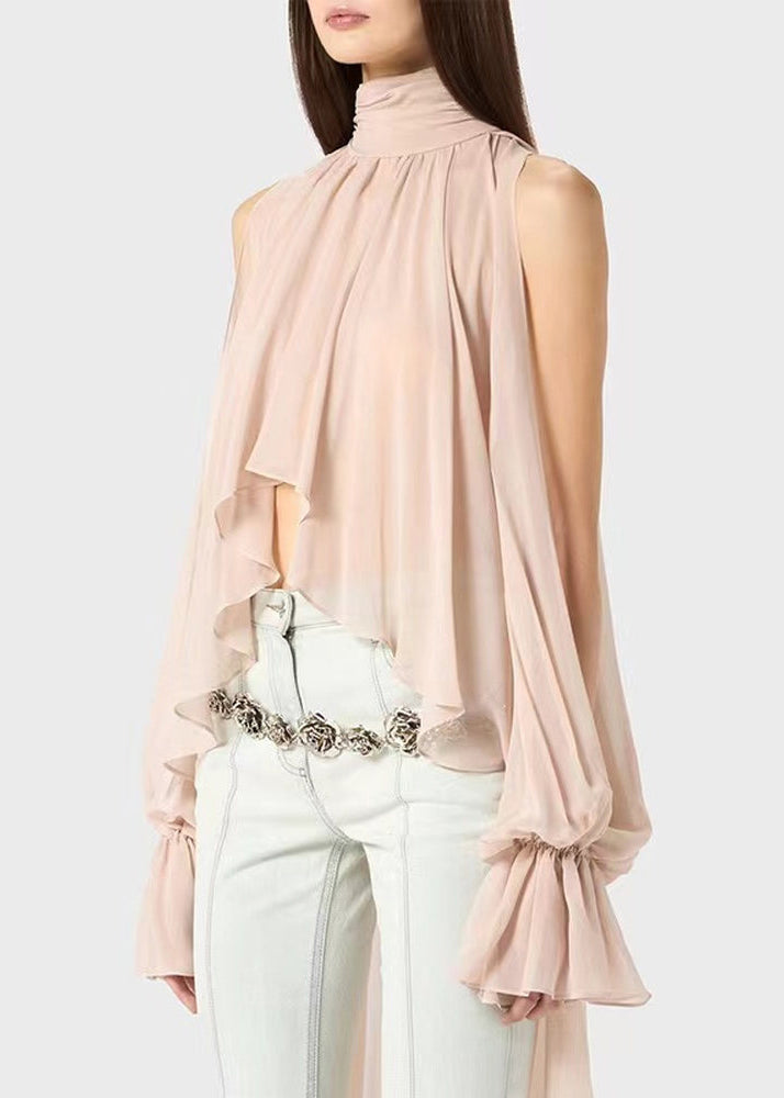 Pink Lace Up Solid Chiffon Fall Shirt Asymmetrical