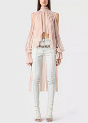 Pink Lace Up Solid Chiffon Fall Shirt Asymmetrical