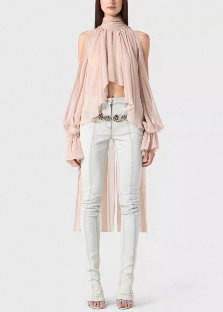 Pink Lace Up Solid Chiffon Fall Shirt Asymmetrical